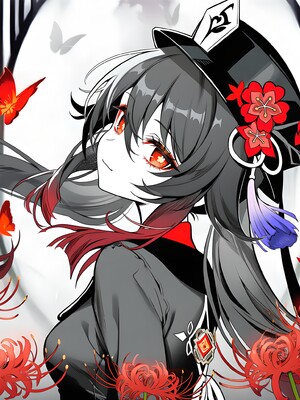 [Pixiv] 青德坊 - 炎蝶振夜，血梅绽霄，千灯灼幽引魂迢——胡桃（宿雪桃红 折梅留芳） (107479500) [Ai generated]