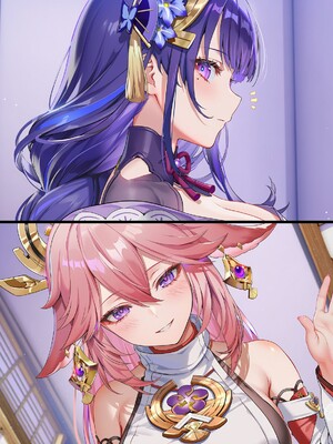 [Pixiv] 青德坊 - 紫电映幽笼，狐诱樱庭月隐踪，空蝉破云穹——雷电将军&nbsp;&nbsp; 八重神子 (107479500) [Ai generated] [Uncensored]_003_Raiden_Yae_3